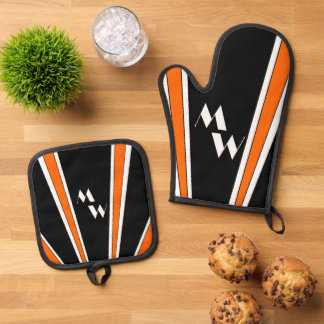Schwarz-Orange Art Deco Design Mit Monogramm Ofenhandschuh & Topflappen-Set