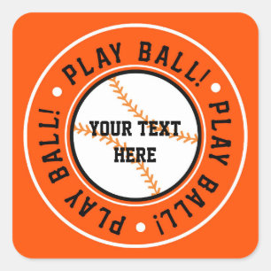 Schwarz & Orange Baseball PLAY BALL Party Aufklebe Quadratischer Aufkleber