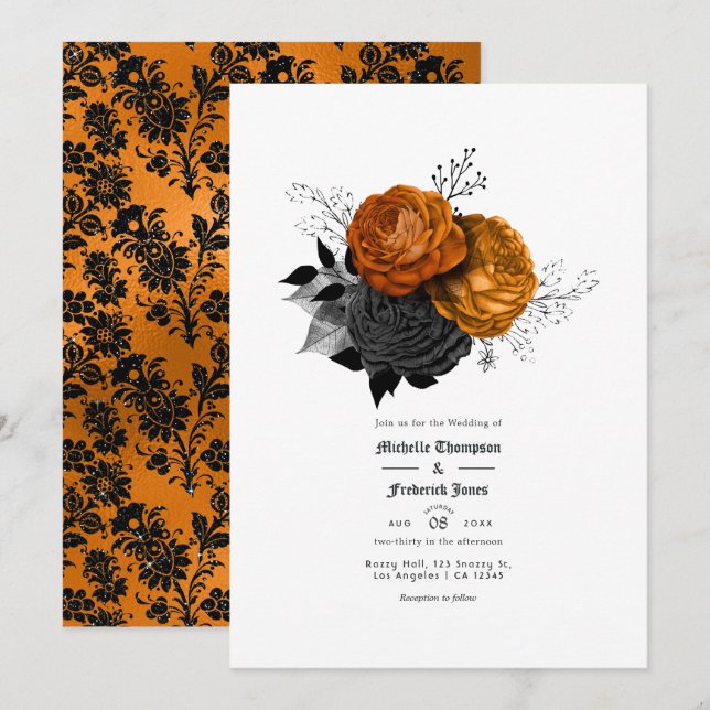Schwarz-Orange-Blumengotik Einladung (Vorne/Hinten)