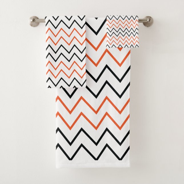 Schwarz Orange Chevron Zickzack Badhandtuch Set (Insitu)