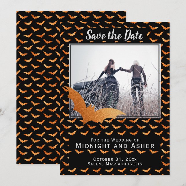 Schwarz-Orange-Foil-Bat Halloween Hochzeit Save The Date (Vorne/Hinten)