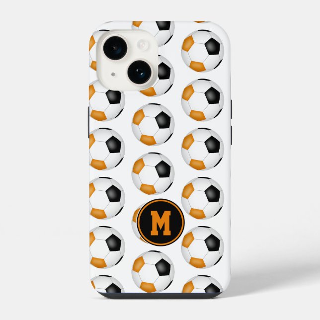Schwarz-Orange-Fußball-Muster mit Monogramm iPhone Hülle (Rückseite)