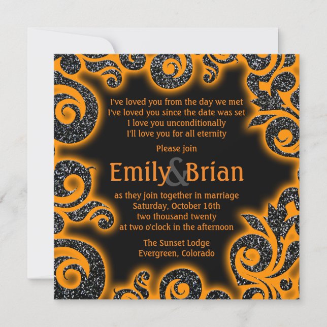 Schwarz-orange-Glitzer im Swirl Einladung (Vorderseite)