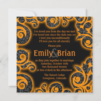 Schwarz-orange-Glitzer im Swirl Einladung