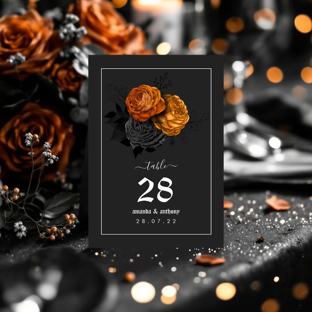 Schwarz-Orange Halloween Blumenmenü Tischnummer (Black and Orange Halloween Floral Wedding Menu Table Number)