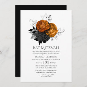 Schwarz-Orange Halloween Floral Bat Mitzvah Einladung