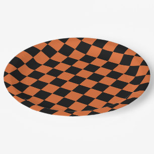 Schwarz-orange Halloween-Schachbrettmuster Pappteller
