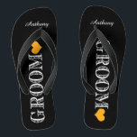 Schwarz/Orange Herzgroom Flip Flops<br><div class="desc">Spaß,  maßgeschneiderte Hochzeitskippen</div>