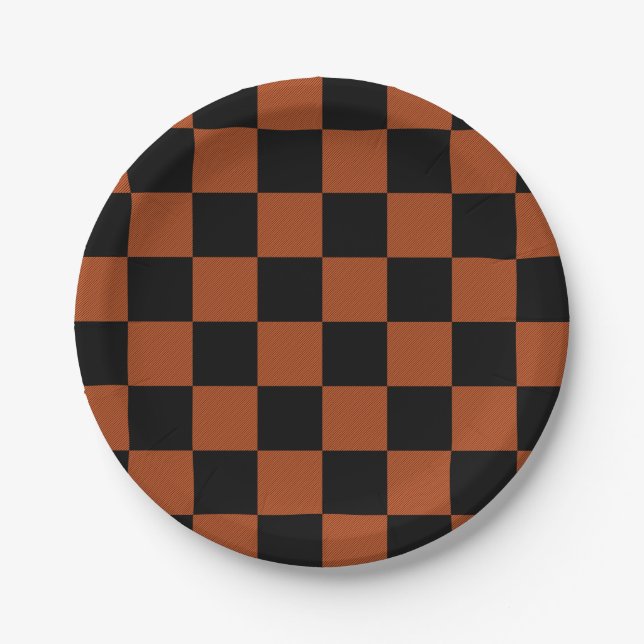 Schwarz-orange karierte Buffalo-Plaid-Quadrate Pappteller (Vorderseite)