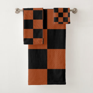 Schwarz-orange karierte Quadrate Buffalo Plaid Badhandtuch Set