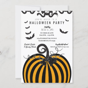 Schwarz & Orange Kürbis & Fledermäuse Halloween-Pa Einladung