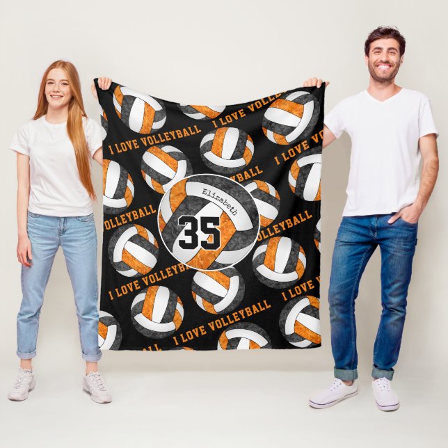 Schwarz-Orange-Mannschaftsmädchen I Liebe Volleyba Fleecedecke (Beispiel)