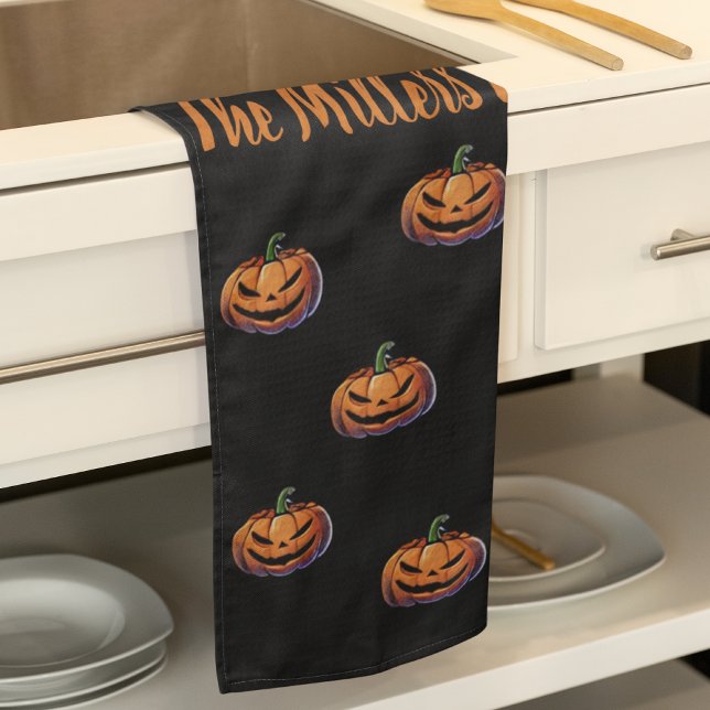 Schwarz-Orange Pumpkin Halloween personalisiert Geschirrtuch (Black and Orange Pumpkin Halloween personalized Kitchen Towel)