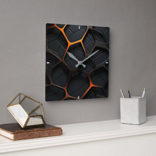 Schwarz Orange Quadratische Wanduhr