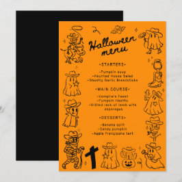 Schwarz & Orange Quirky Hand Zeichnen Halloween Menükarte