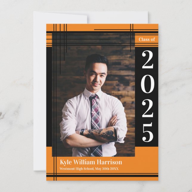 Schwarz-Orange-Schulfarben-Abschluss-Foto Kariert Einladung (Vorderseite)