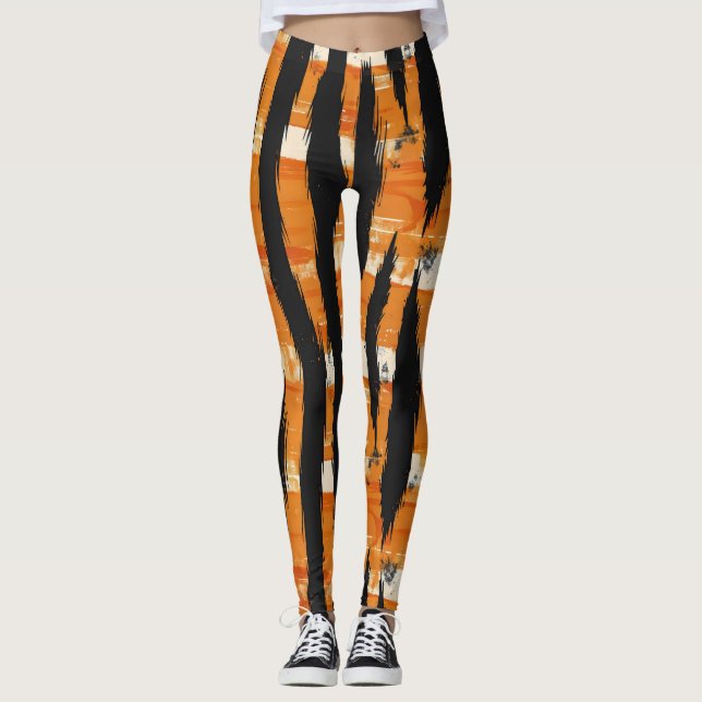 Schwarz-Orange-Streifenmuster Leggings (Vorderseite)