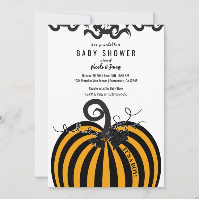 Schwarz & Orange Stripe Pumpkin Fall Babydusche Einladung (Vorderseite)