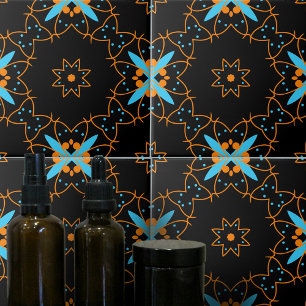 Schwarz-Orange Türkis Arabesque Mosaik Muster Fliese