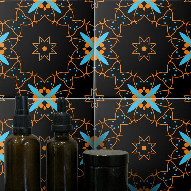 Schwarz-Orange Türkis Arabesque Mosaik Muster Fliese (Von Creator hochgeladen)