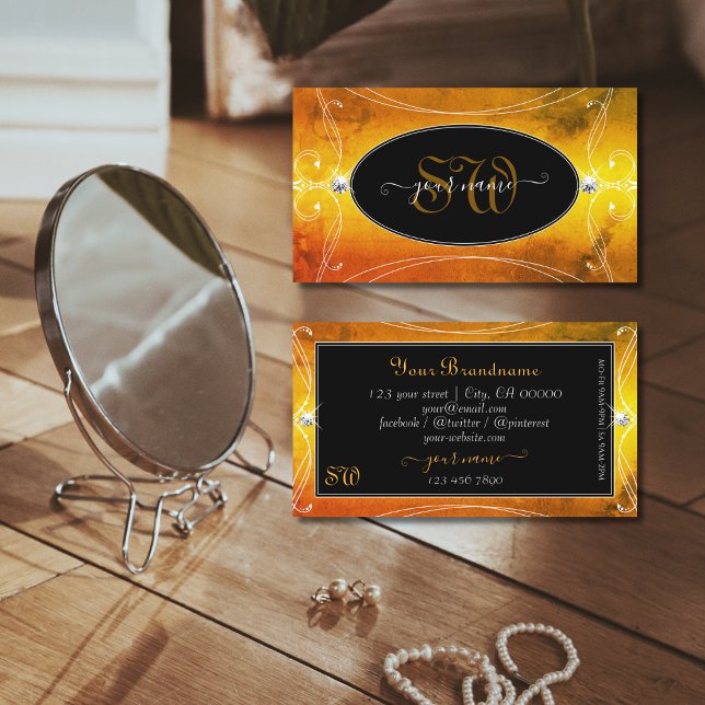 Schwarz-Orange-Verziert-glanzende Diamanten-Initia Visitenkarte (Von Creator hochgeladen)
