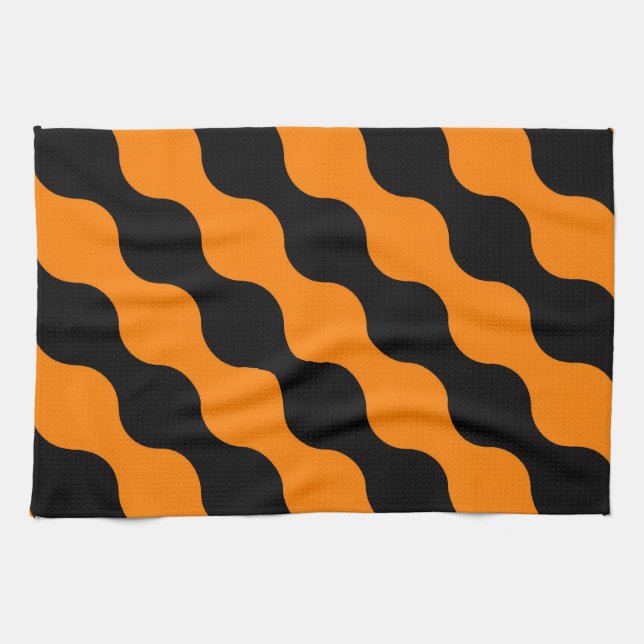 Schwarz, orangefarbene Retro-Kreise Kunstmuster Geschirrtuch (Horizontal)