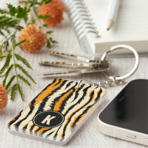Schwarz-orangefarbenes Tiger-Muster-Monogramm Schlüsselanhänger
