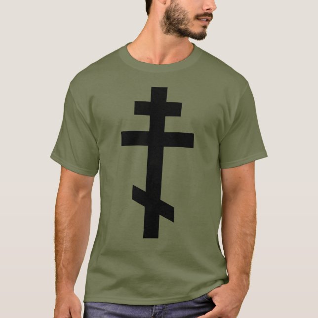 Schwarz-Orthodoxes Kreuz. Olive Drab T-Shirt (Vorderseite)