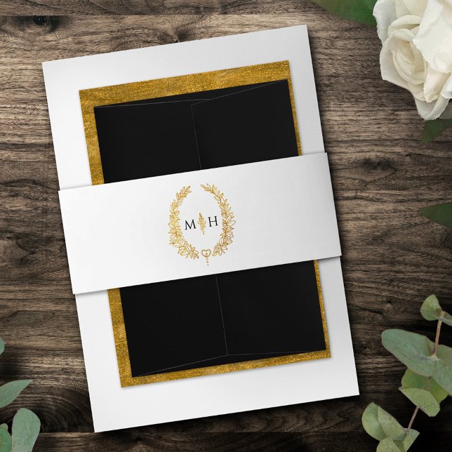 Schwarz-Oval-Blätter in Monogramm, Weißgold Einladungsbanderole (Von Creator hochgeladen)