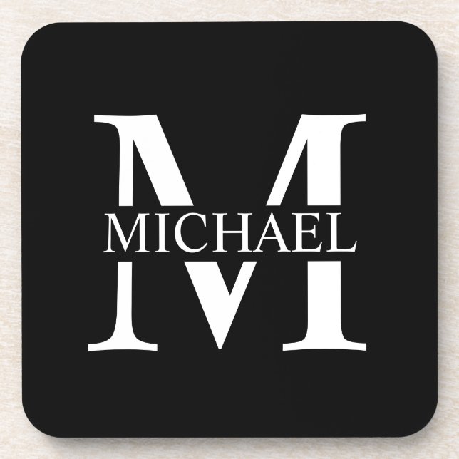 Schwarz-Personalisiert-Monogramm und Name Getränkeuntersetzer (Vorderseite)