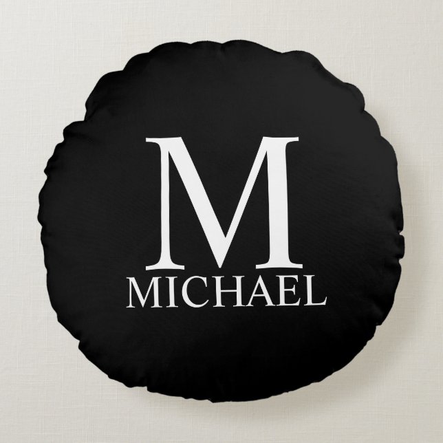 Schwarz-Personalisiert-Monogramm und Name Rundes Kissen (Vorderseite)