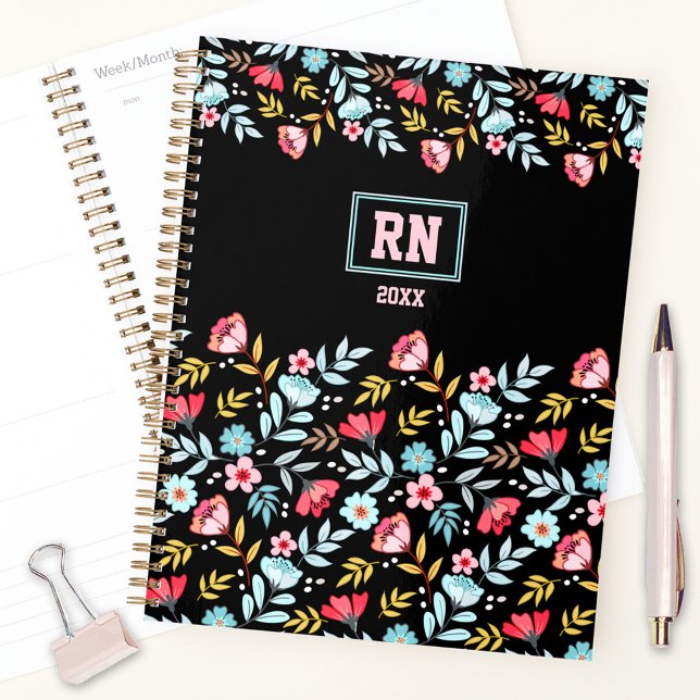 Schwarz-Pink-blau-farbige Monogramm der Feminine Planer (Floral Feminine Black Pink Blue Colorful Monogram Planner)