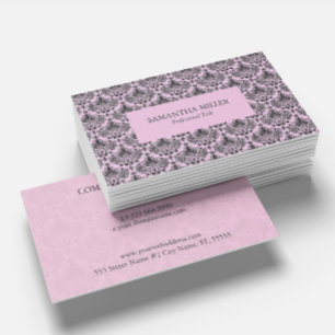 Schwarz & Pink Eleganter Vintage-Blumendamask Visitenkarte