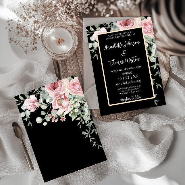 Schwarz-Pink Floral Boho Hochzeit Einladung (Elegant Black, Pink Floral watercolor boho style with gold accents wedding invitation.)
