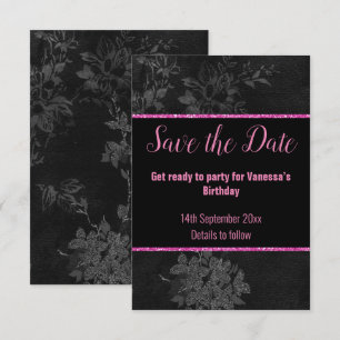 SCHWARZ PINK GLITTER BLUMEN SAVE THE DATE  RSVP KARTE