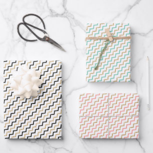 Schwarz Pink Grün Gold Zickzack-Chevron Geschenkpapier Set