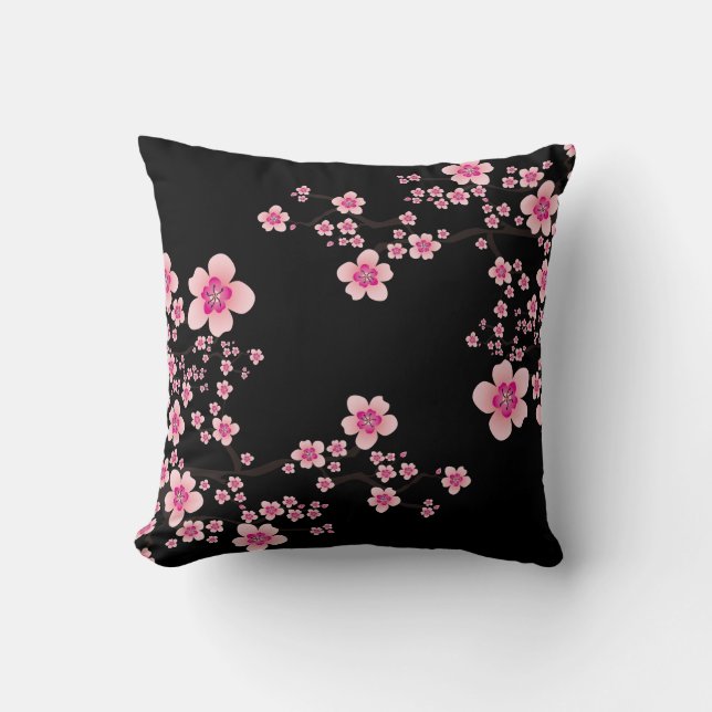 Schwarz-Pink-Japanisch-Kirschblossom Kissen (Vorderseite)
