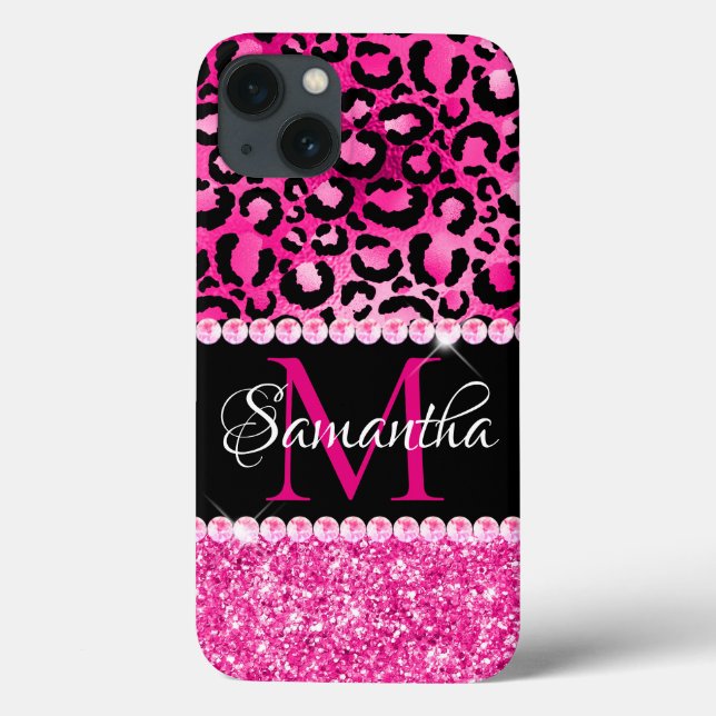 Schwarz-Pink-Leopard-Spot-Glam-Monogramm Case-Mate iPhone Hülle (Rückseite)