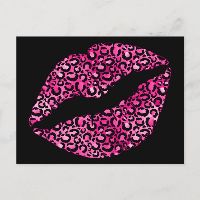 Schwarz-Pink-Leopard-Spot Lipstick Kiss Postkarte (Vorderseite)