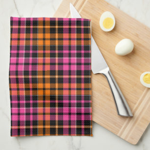 Schwarz Pink Orange Karo Tartan Design  Geschirrtuch