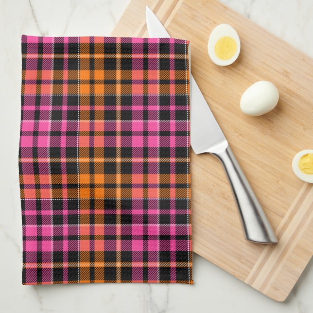 Schwarz Pink Orange Karo Tartan Design  Geschirrtuch (Viertel Falte)