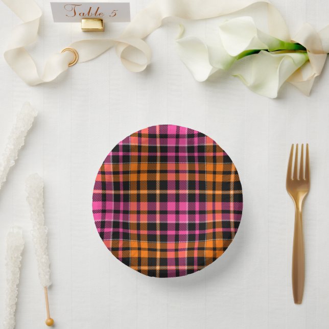 Schwarz Pink Orange Karo Tartan Design  Pappteller (Hochzeit)