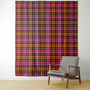 Schwarz Pink Orange Karo Tartan Design  Wandteppich
