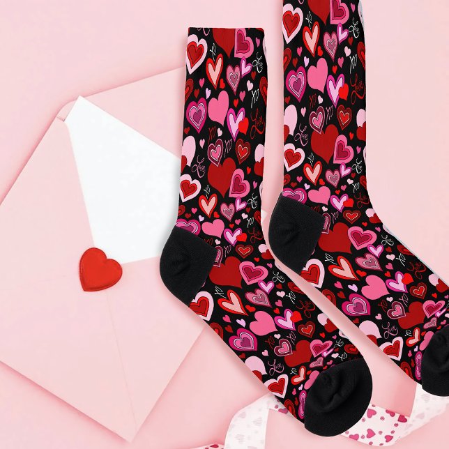Schwarz Pink Rote Herzen Liebesmuster Socken (Von Creator hochgeladen)