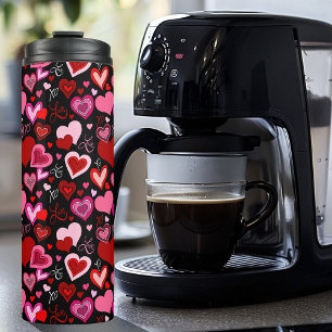 Schwarz Pink Rote Herzen Liebesmuster Thermosbecher