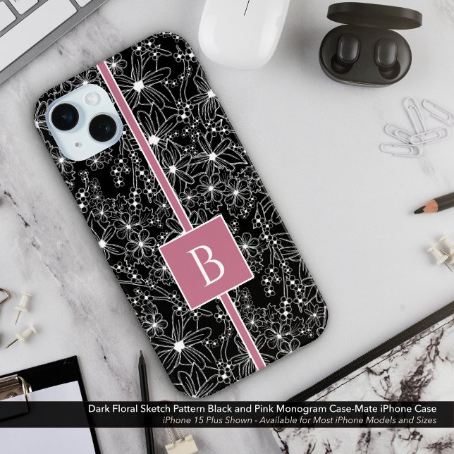Schwarz-Pink-Sketch-Monogramm für dunkelbraune Mus Case-Mate iPhone Hülle (Dark Floral Sketch Look Pattern. Black Flowers with Pink Monogram Case-Mate iPhone Case)