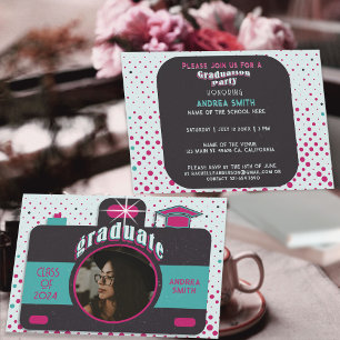 Schwarz Pink Türkis Vintage Absolventenfoto Retro Einladung