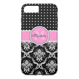 Schwarz Pink & Weiß Damast & Polka Dot Muster iPhone 8 Plus/7 Plus Hülle