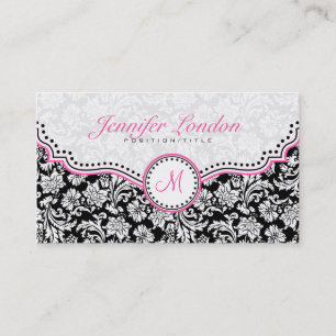 Schwarz Pink & Weiß Elegante Florale Damastmuster  Visitenkarte