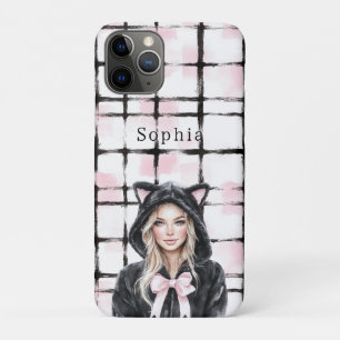 Schwarz Pink Weiß Kariert Streifen Blond Kitty Kat Case-Mate iPhone Hülle